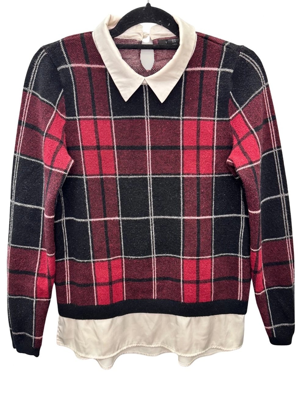 Tahari Red & Black Plaid Layered Look Collared Preppy Sweater Women’s Medium